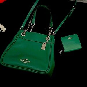 Coach Green Shoulder Bag with Silver Hardware and Structured Design